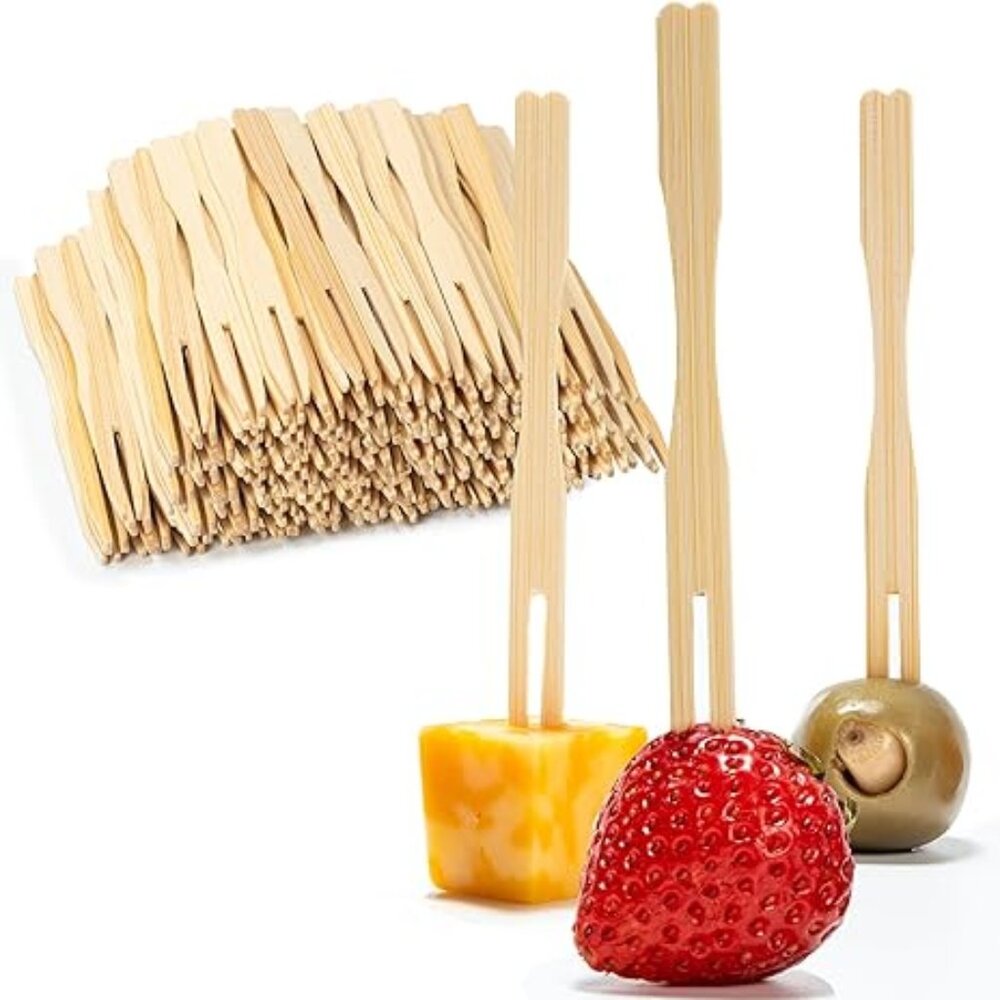 200 Bamboo Appetizer Forks, 3.5" Disposable Bamboo Fork for Charcuterie, Mini Fo